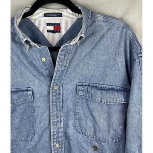 Tommy‎ Hilfiger Men's Denim Shirt M Button Up Heavyweight Vintage Crest